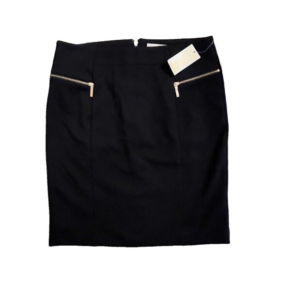 NWT Michael Kors Women’s Black Knit Knee Length Gold Zip Pencil Skirt Size 12 - Picture 1 of 16